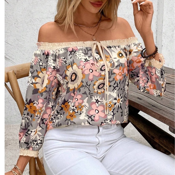 Boho Floral Print Off Shoulder Loose Fit Blouse - Picture 3 of 5